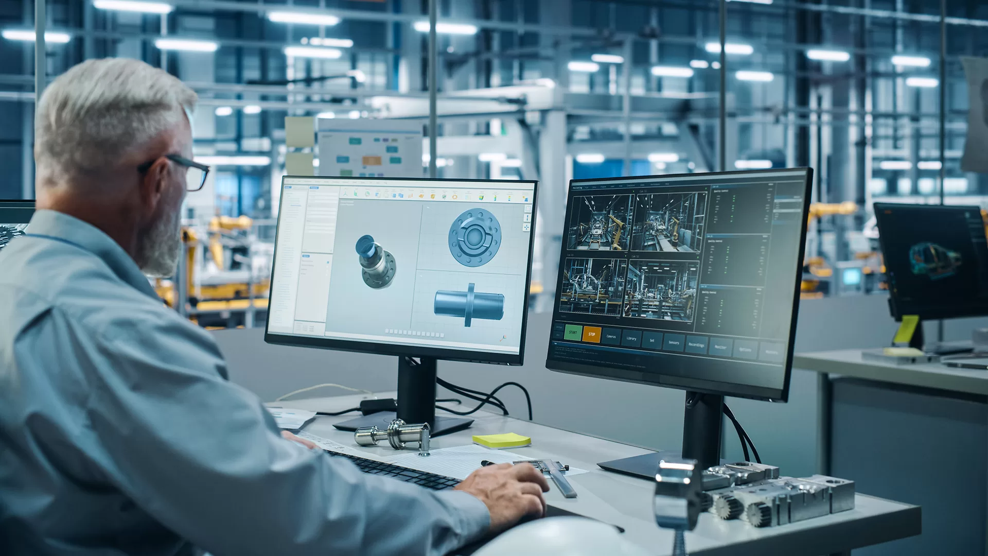 Male Chief Automotive Engineer Sitting at His Desk Working on Computer